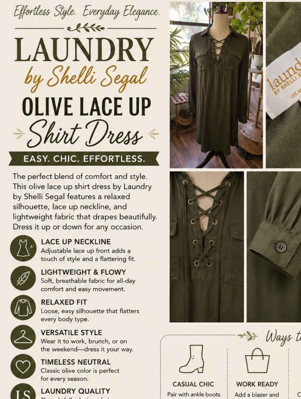 Laundry by Shelli Segal Olive Lace Up Shirt Dress – NWT – Size 8